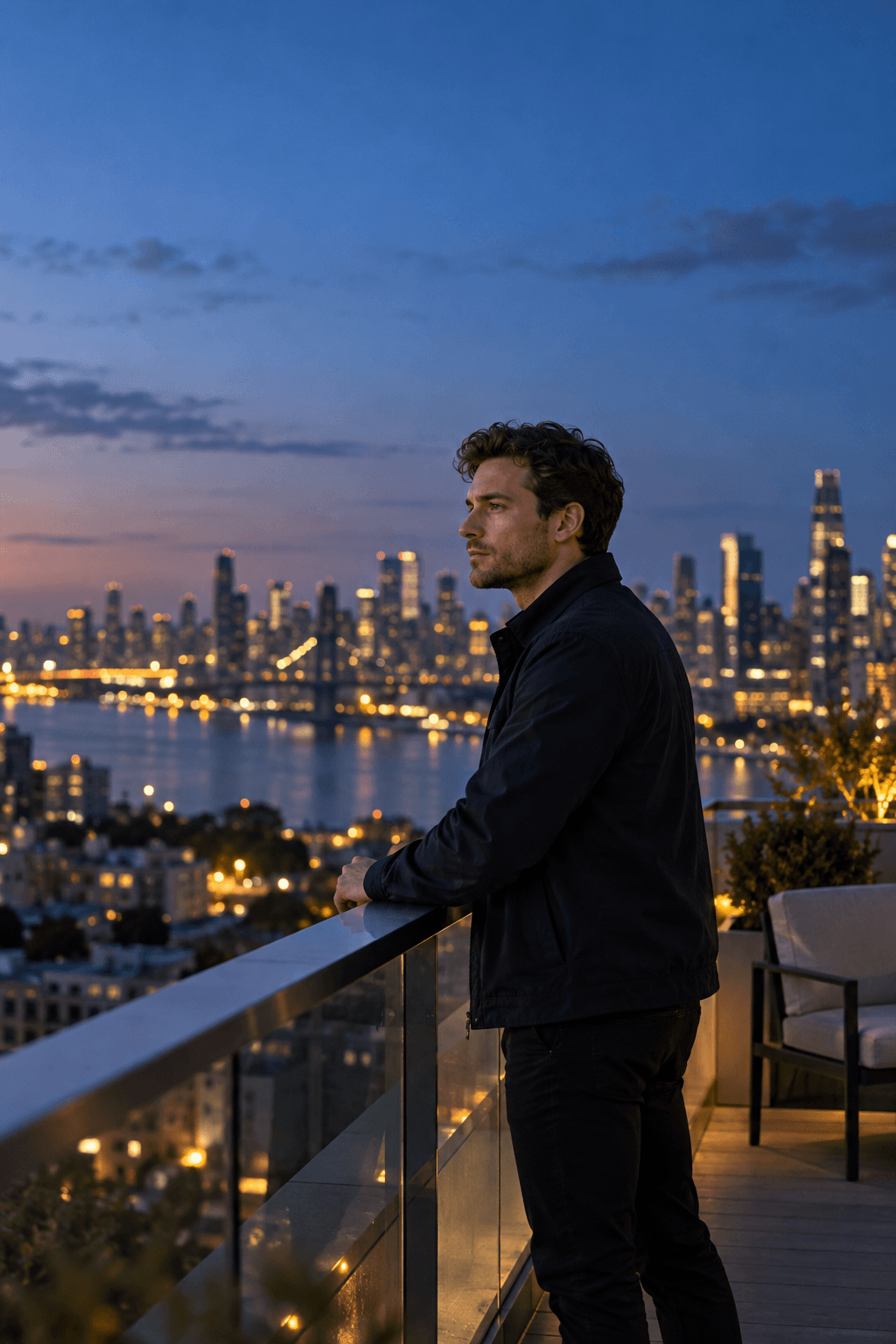 A thoughtful man privately reflecting on unresolved feelings at blue hour