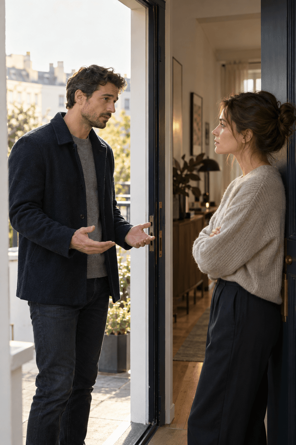 A former couple having a calm conversation at an apartment doorway after the breakup