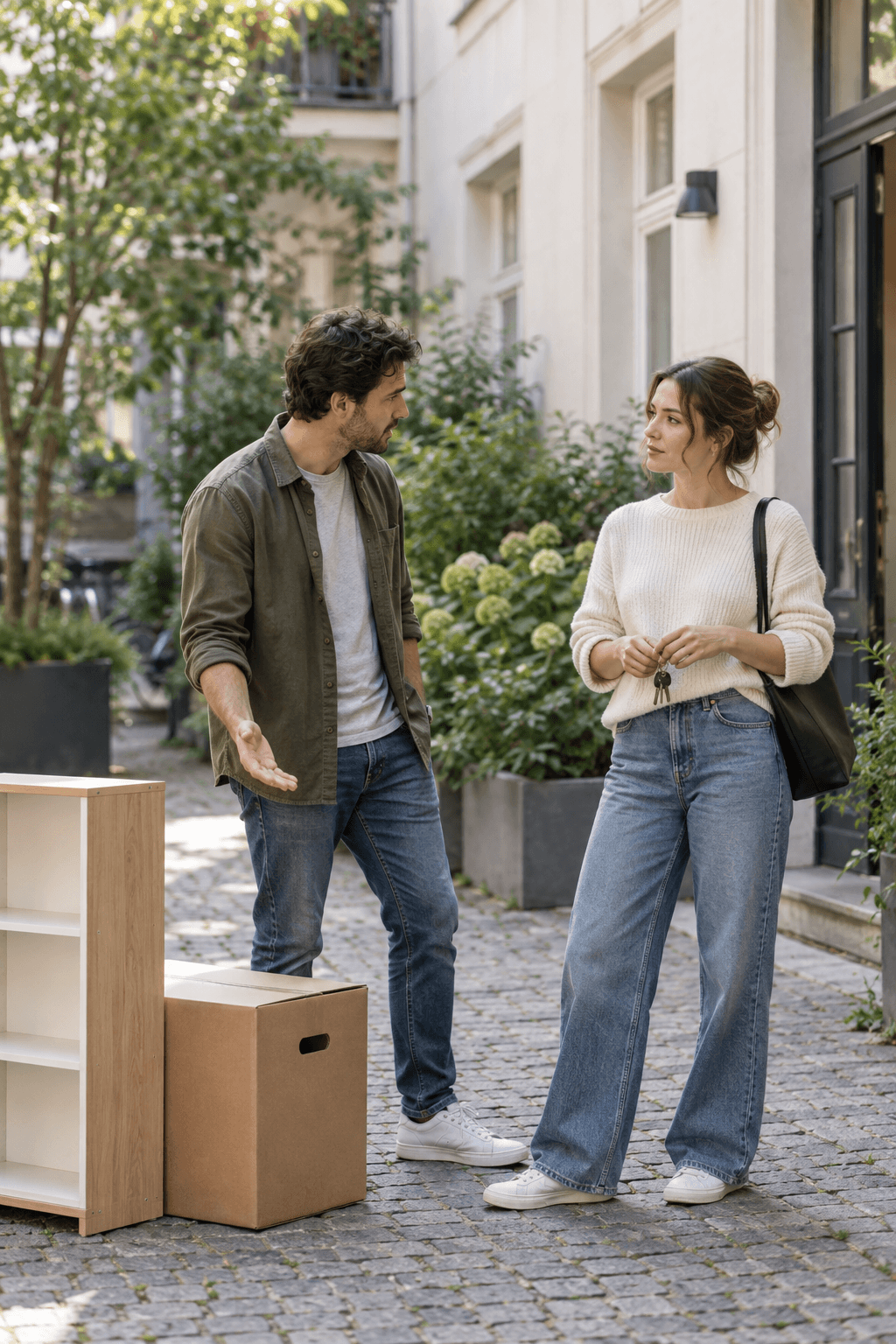 A former couple calmly discussing a request for practical help beside a small box and shelf