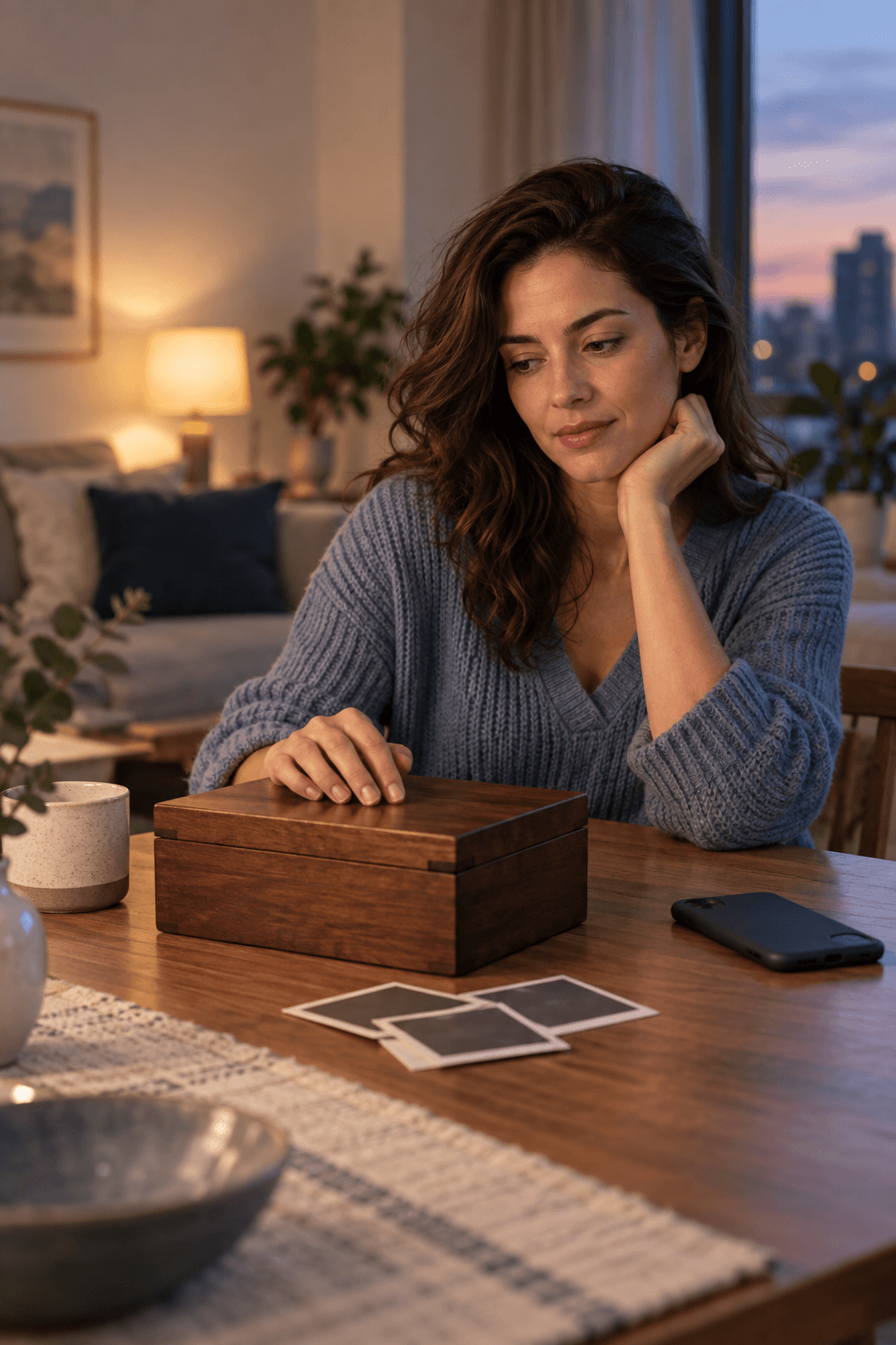 A reflective woman calmly closing a keepsake box instead of remaining trapped in old relationship memories