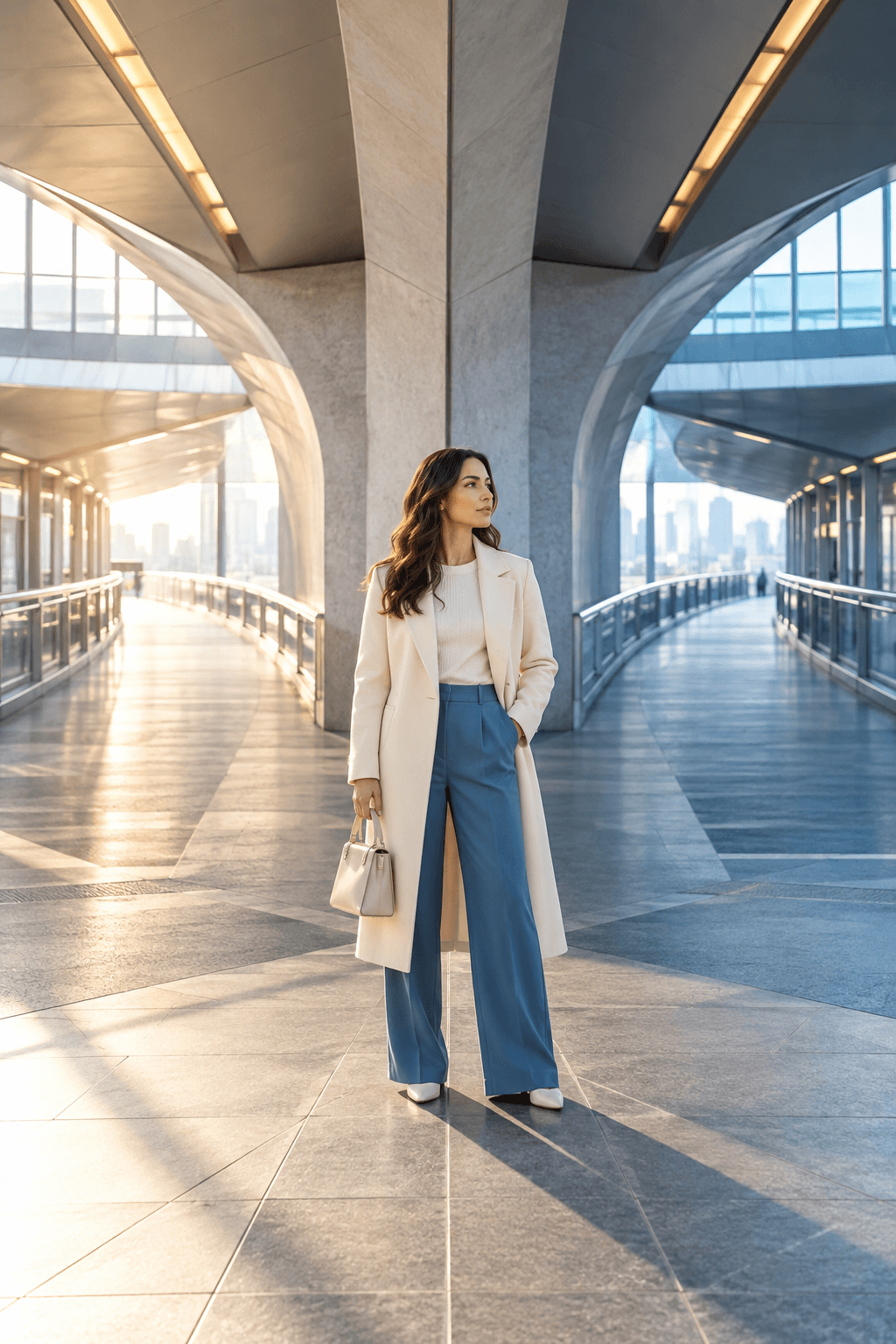 A confident woman standing between two paths while deciding how to respond to uncertainty