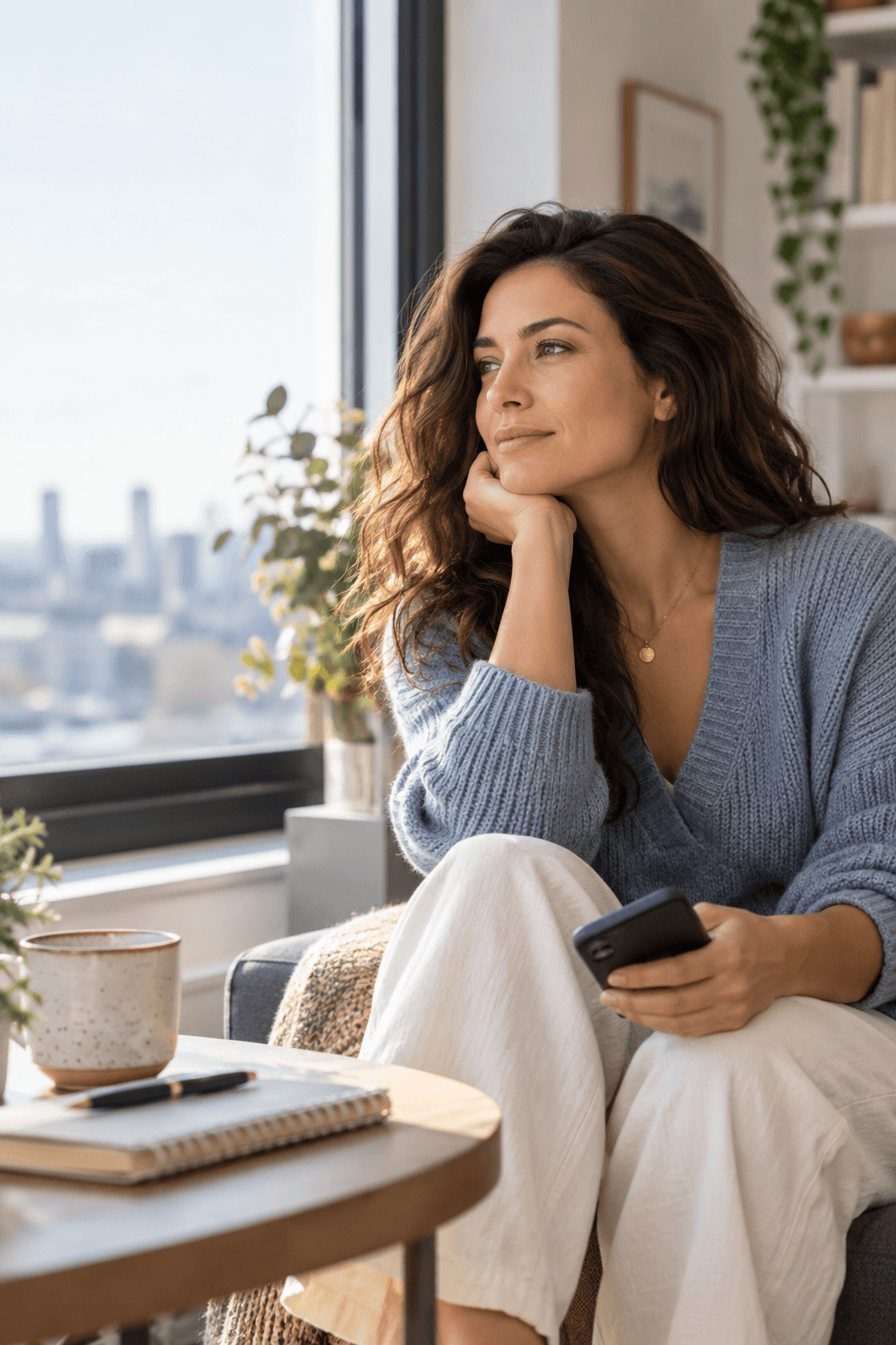A thoughtful woman calmly deciding how to respond after her former partner checks in again