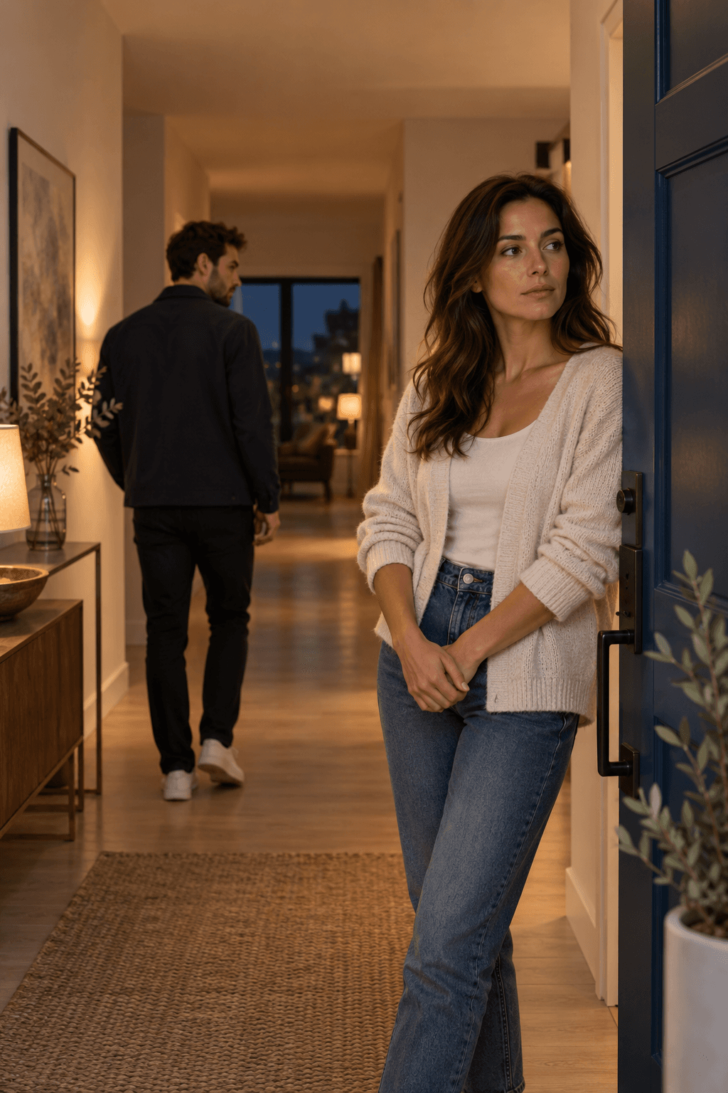 A woman reflecting near an open doorway while her former partner walks away again