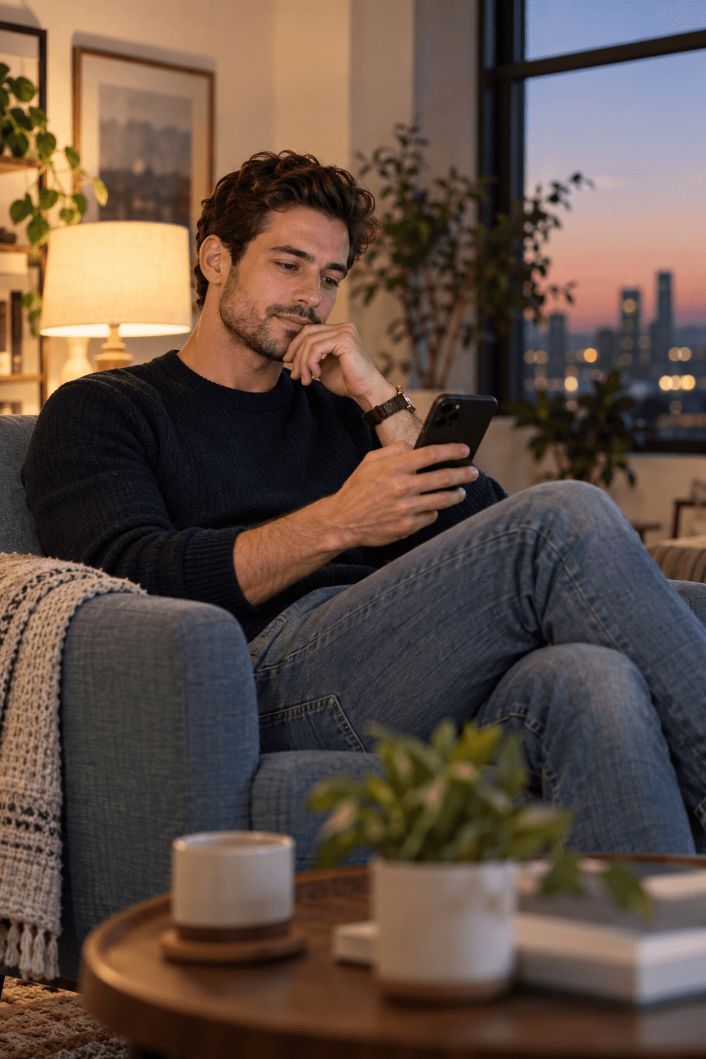 A thoughtful man looking at social media on his phone after a breakup