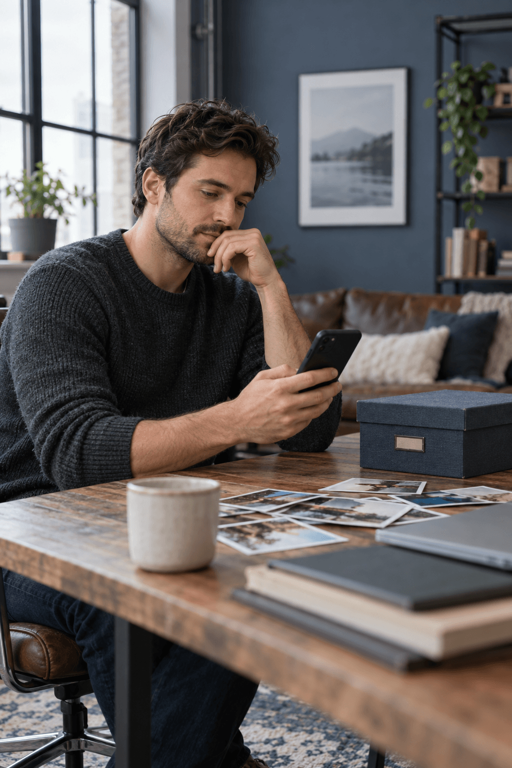 A thoughtful man looking at stored photographs and his phone after a breakup