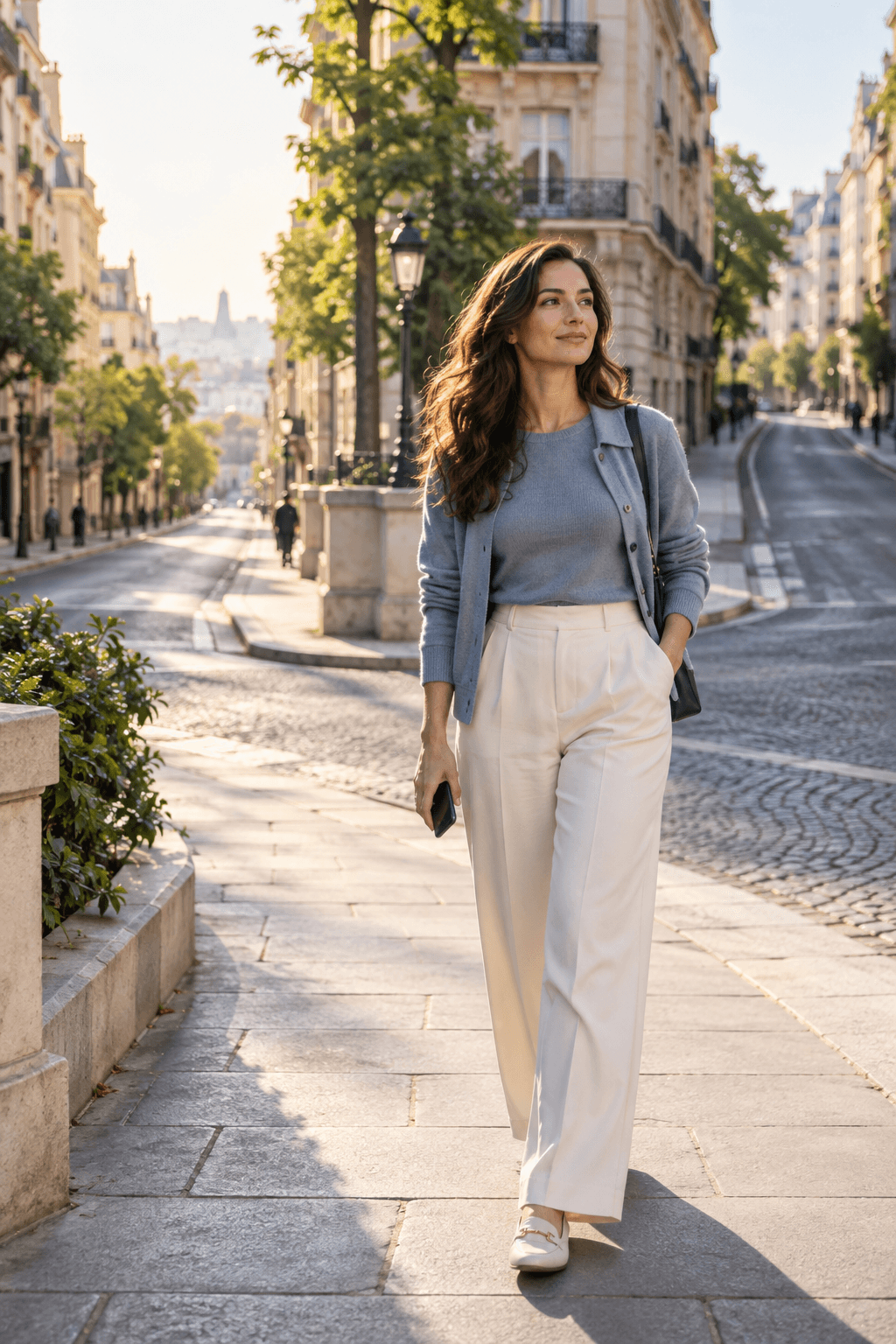 A confident woman moving forward at a city intersection instead of remaining trapped in her former partner's indecision