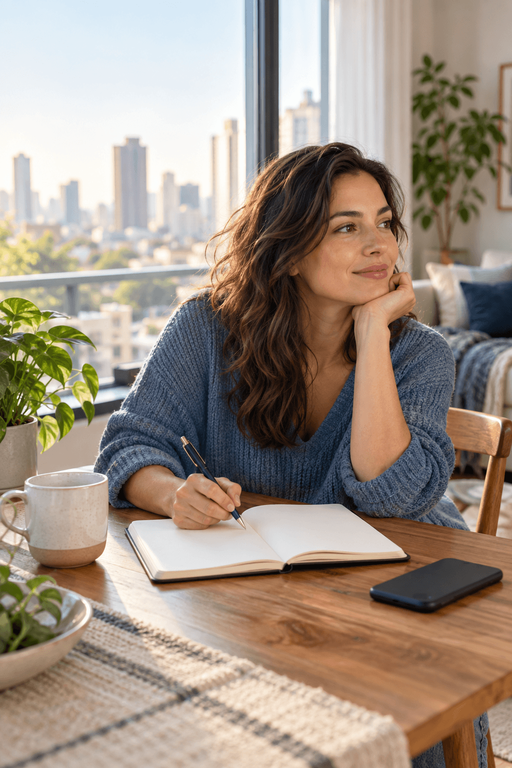 A grounded woman focusing on her own plans while her former partner takes responsibility for personal growth