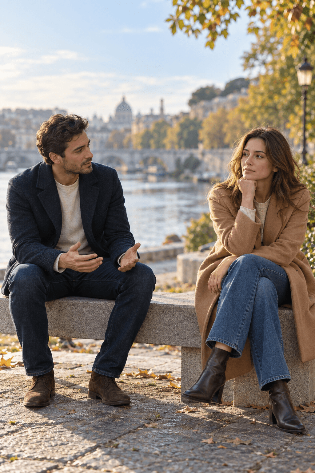 A former couple having a calm and bittersweet conversation on a riverside bench