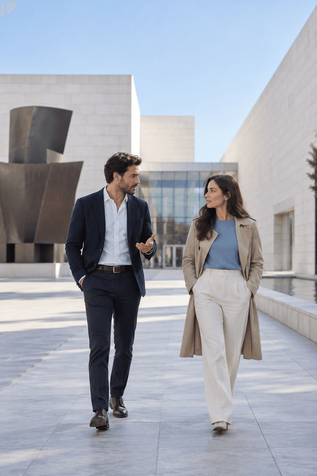 Former partners discussing a possible new beginning while walking through a modern courtyard