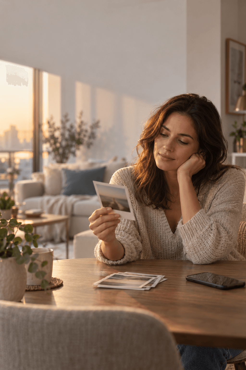 A thoughtful woman looking at an old photograph after receiving a nostalgic message from her ex