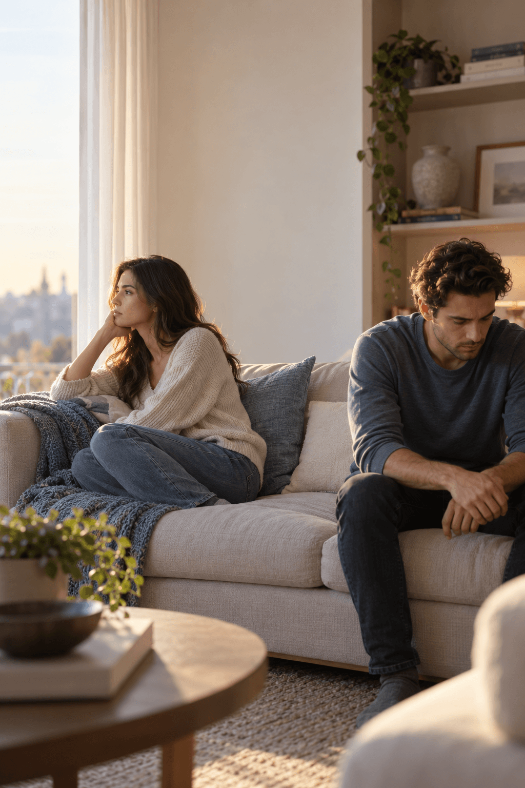 A former couple sitting apart on a sofa after an emotionally complicated reunion