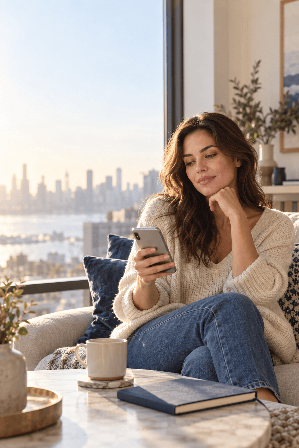 A calm woman looking at her phone while deciding what an ex's social media follow really means