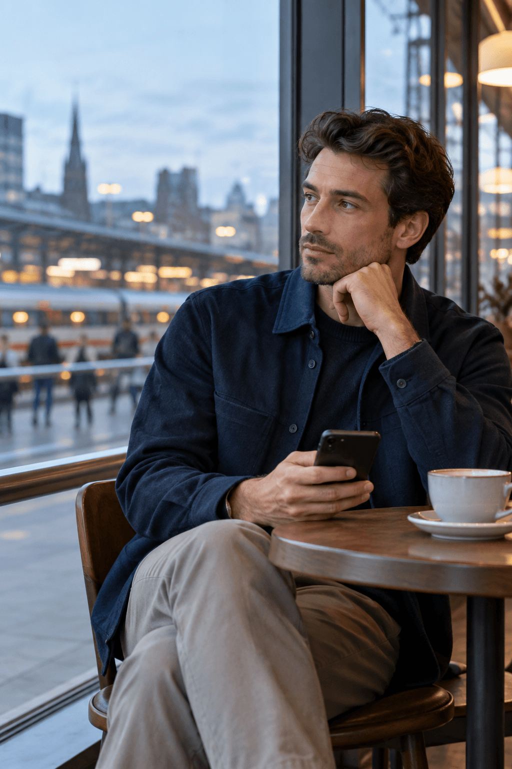 A thoughtful man holding his phone while sitting alone in a modern station cafe