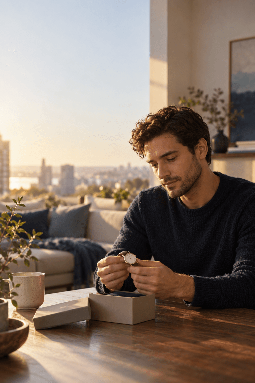 A man thoughtfully holding a watch that was given to him during a past relationship