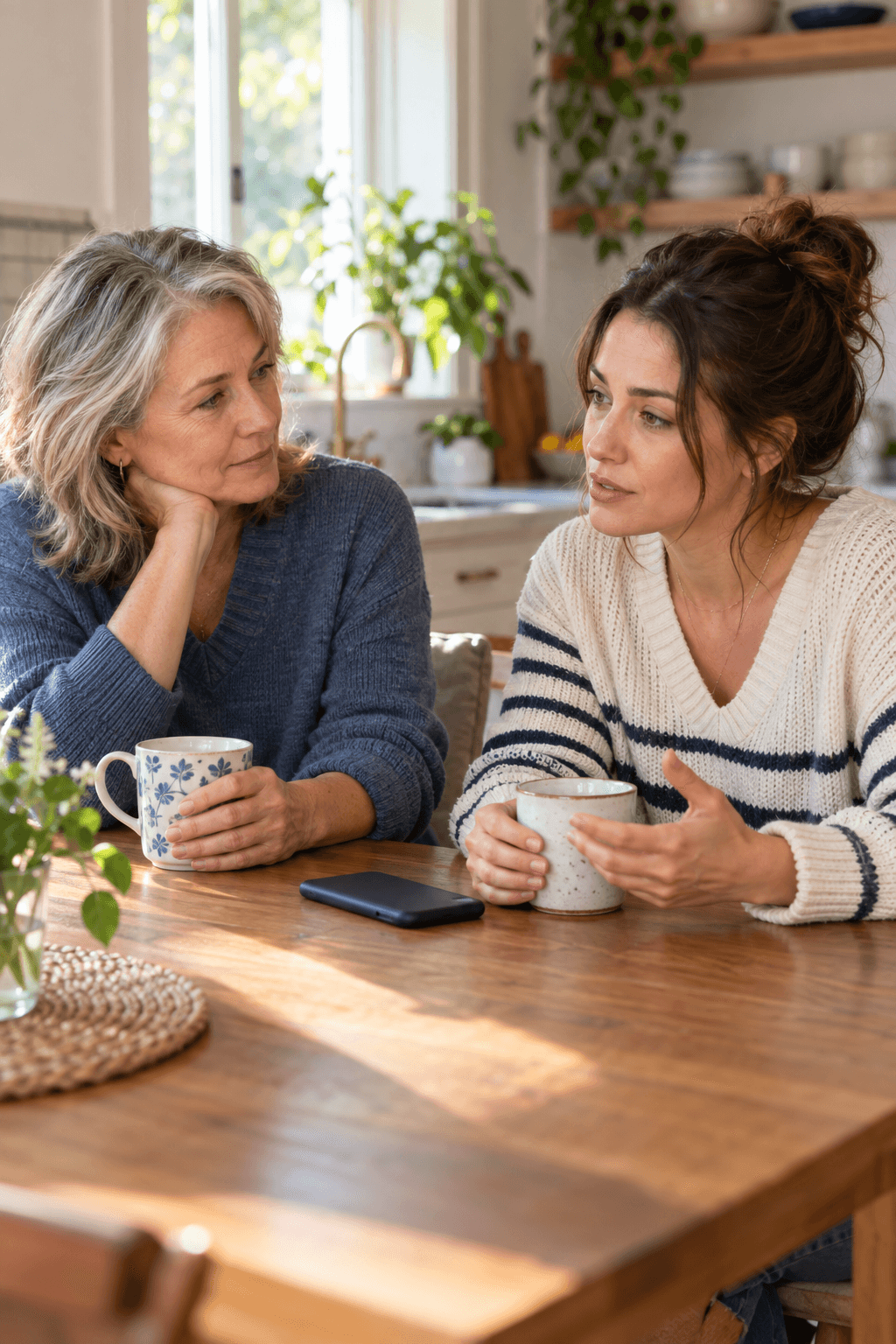 A woman calmly discussing boundaries with her mother after her former partner stays in contact with the family