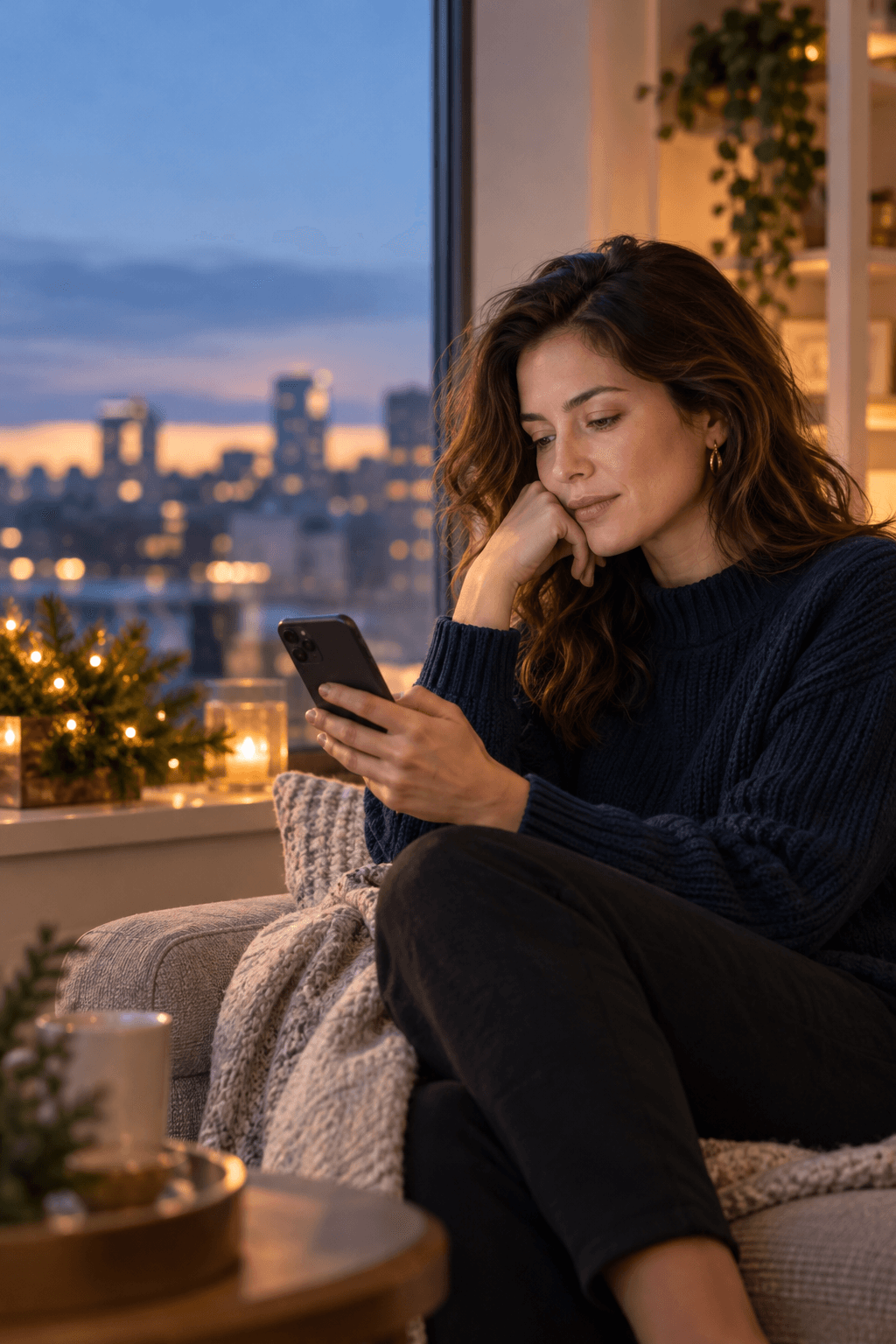 A woman reading a holiday message from her ex during a quiet winter evening