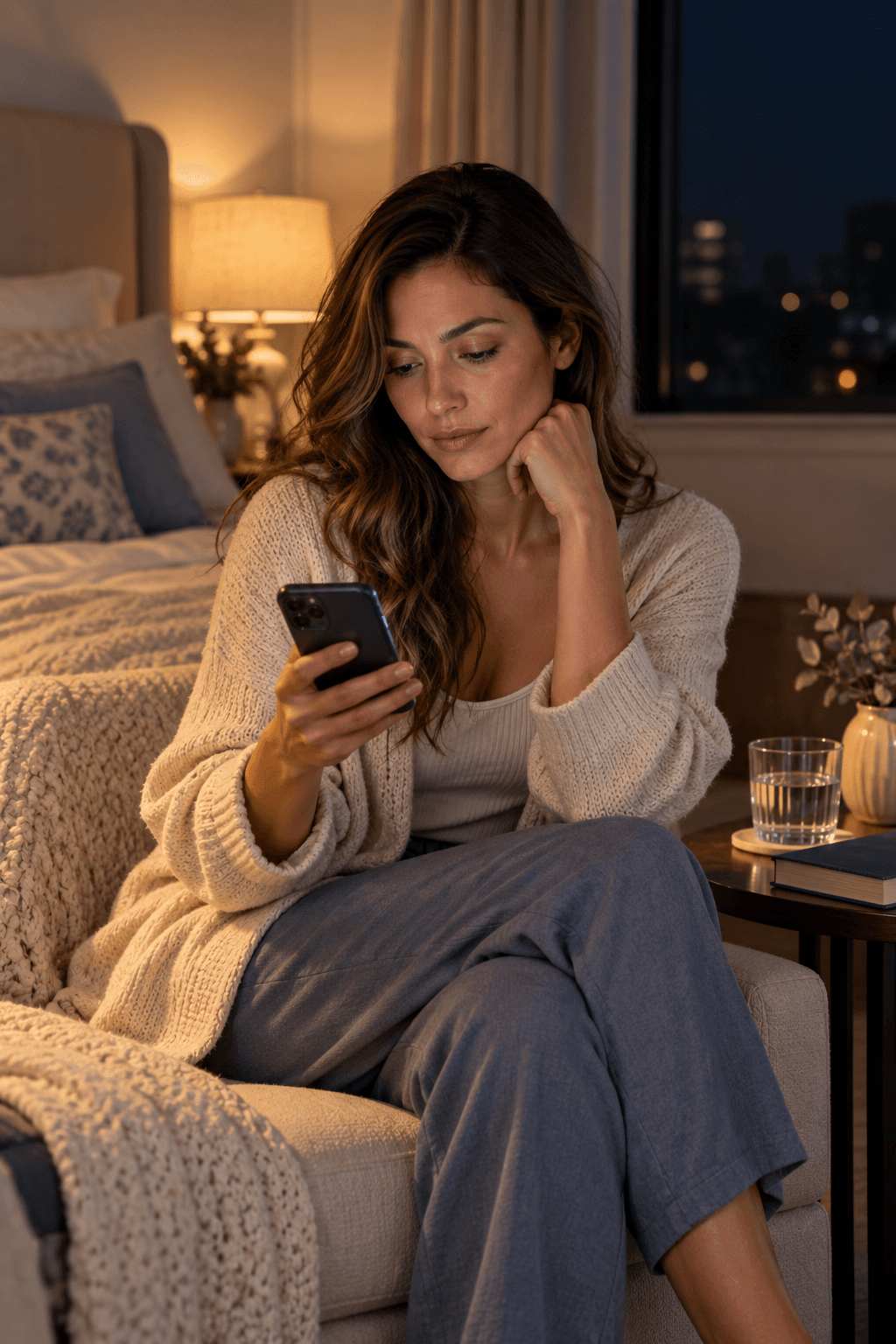 A calm woman reading an unexpected late-night message from her ex