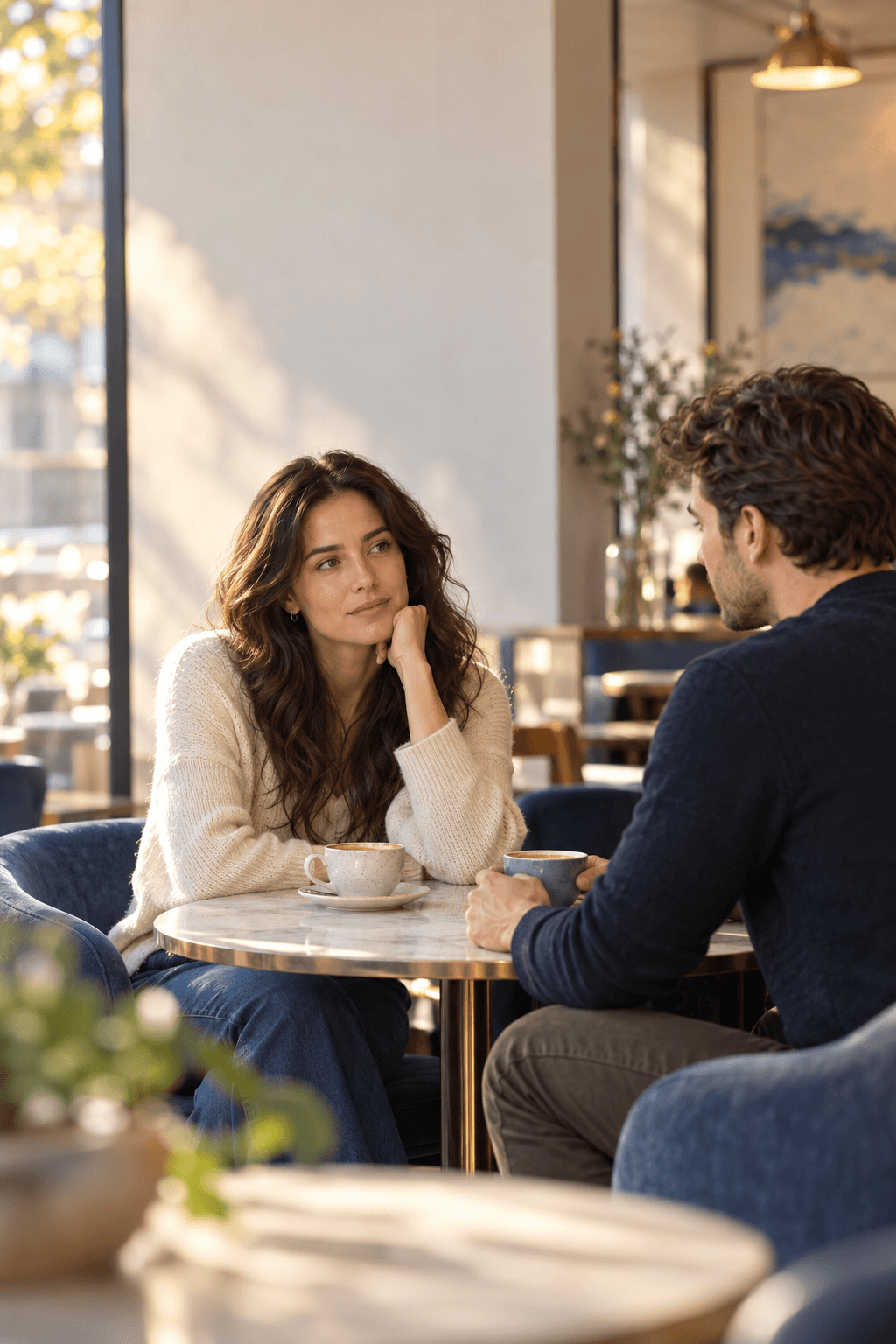 A former couple having a thoughtful and emotionally measured conversation in a cafe