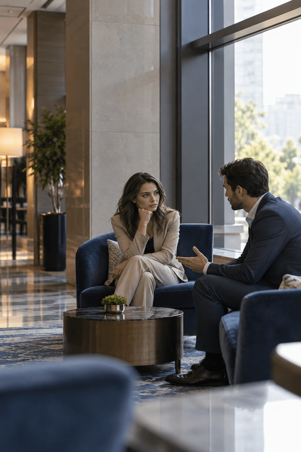 Former partners having a cautious private conversation in a public hotel lounge