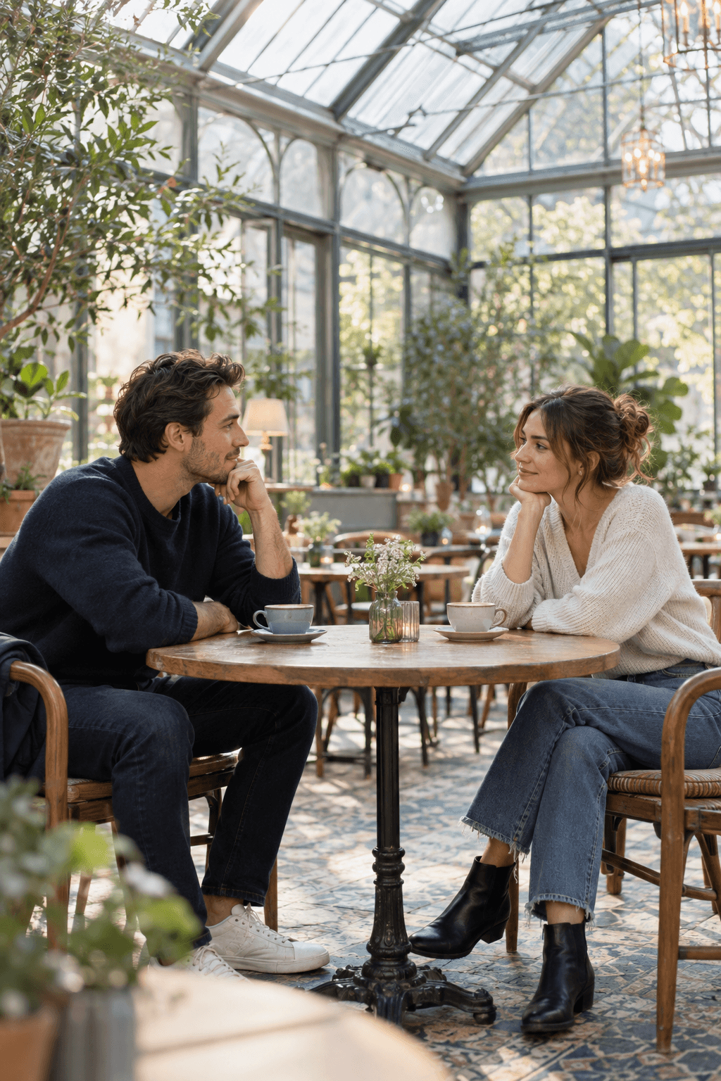 Former partners having a careful reconnection conversation in a conservatory cafe