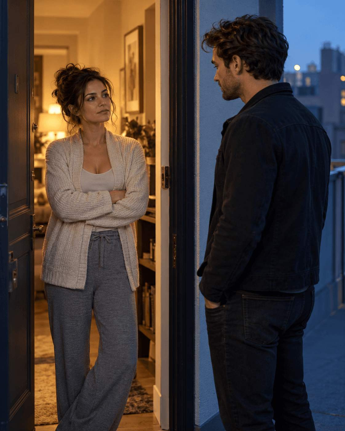 A grounded woman speaks with a man who has returned to her apartment doorway