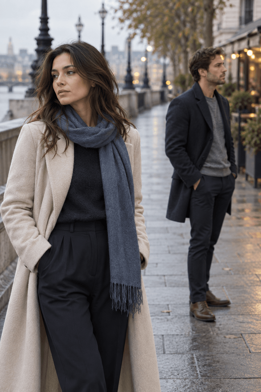 A former couple standing apart with emotionally distant body language after a breakup