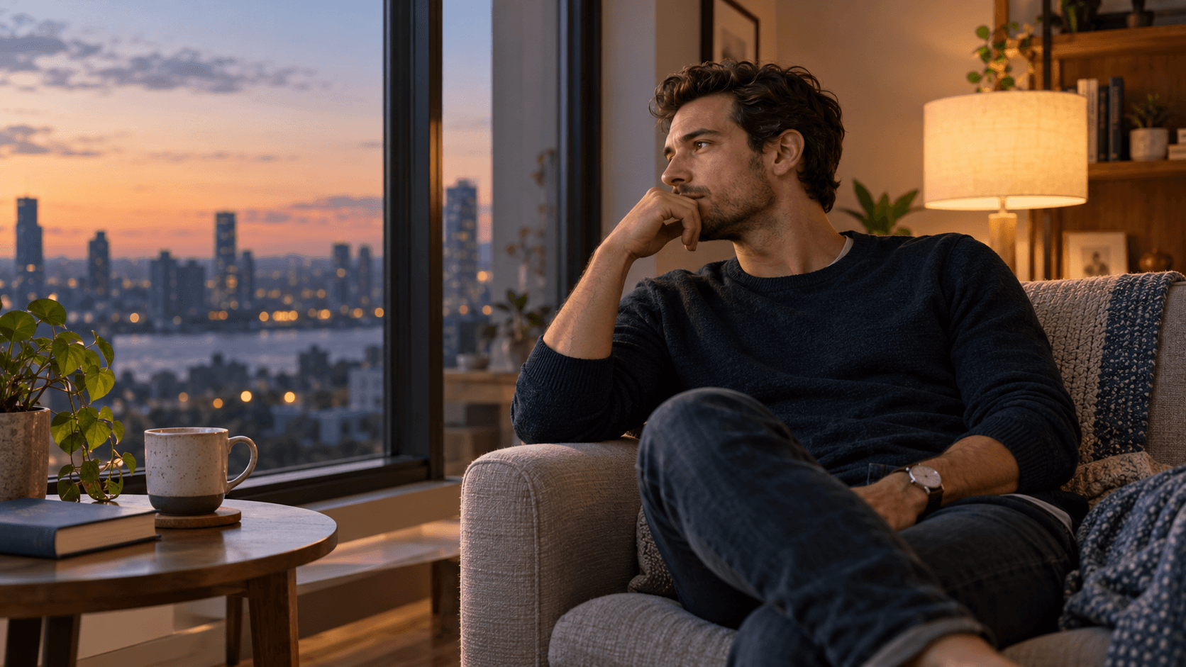 A thoughtful man reflecting alone by a window after a breakup