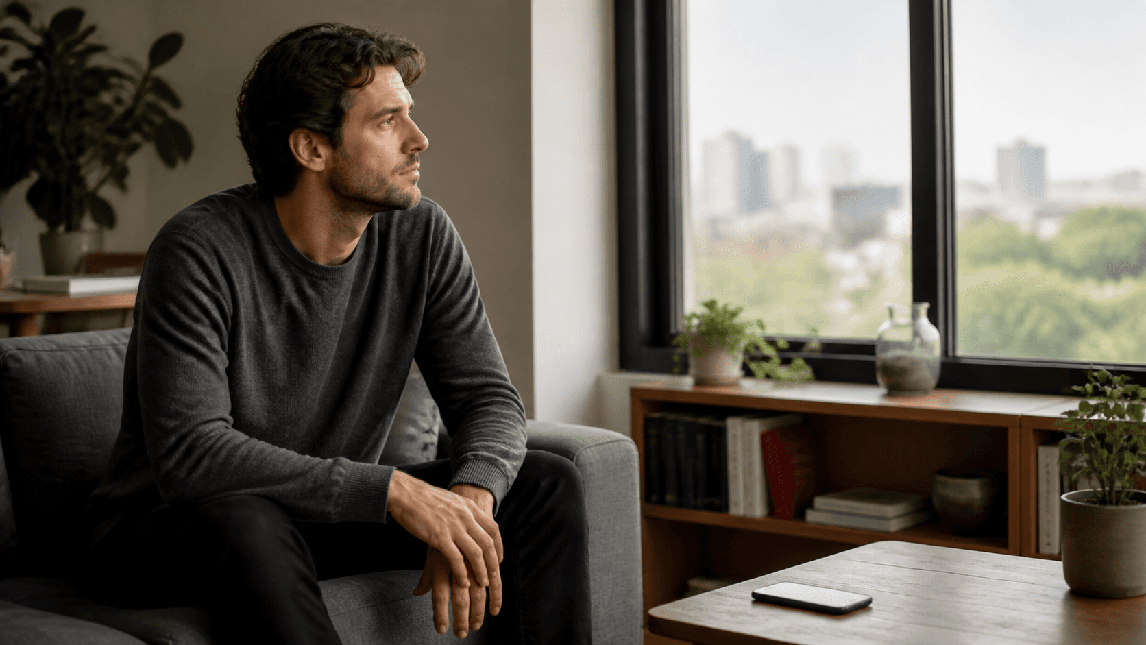 A thoughtful man sitting alone near a bright apartment window with his phone resting nearby