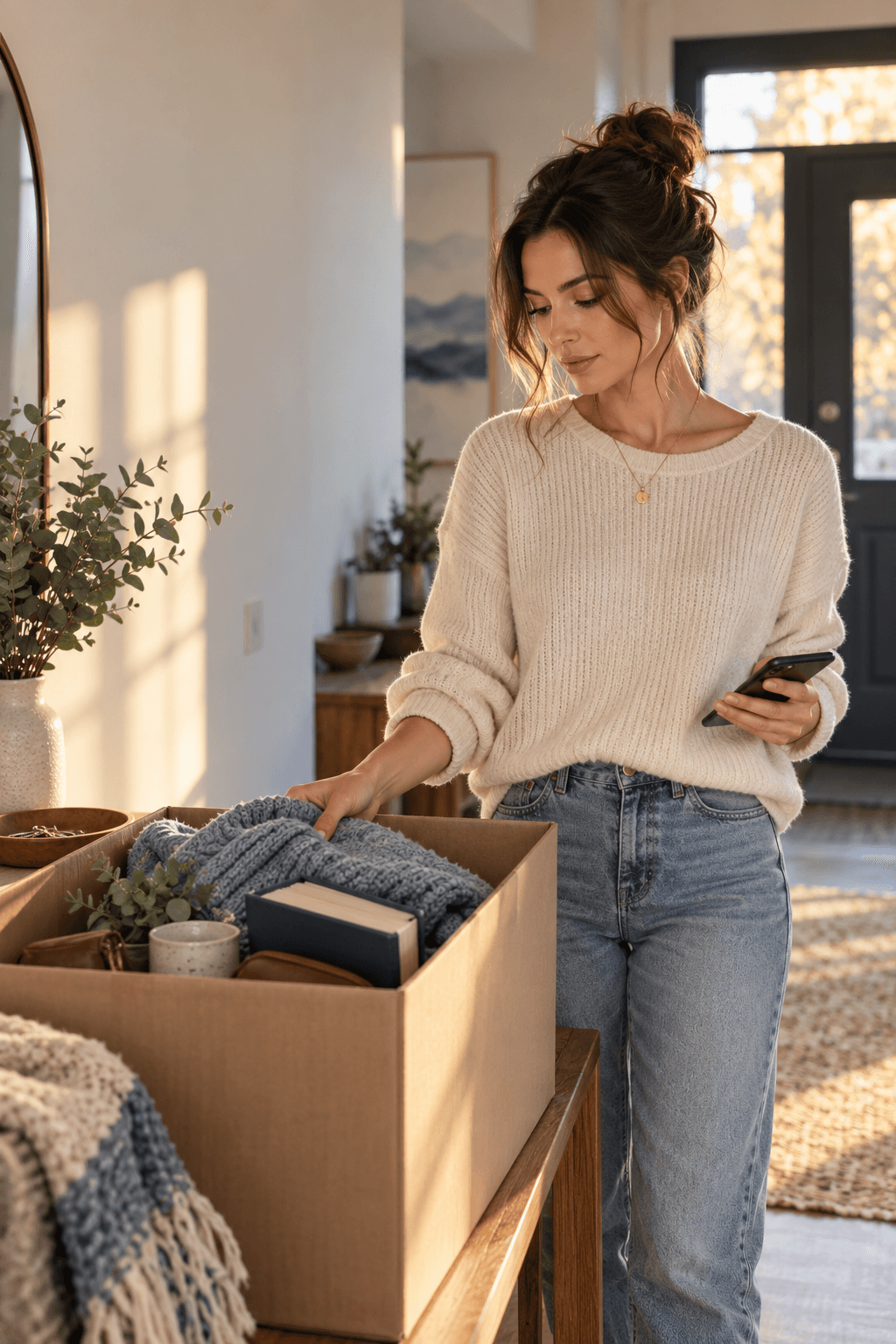 A woman calmly organizing personal belongings in a box after a breakup