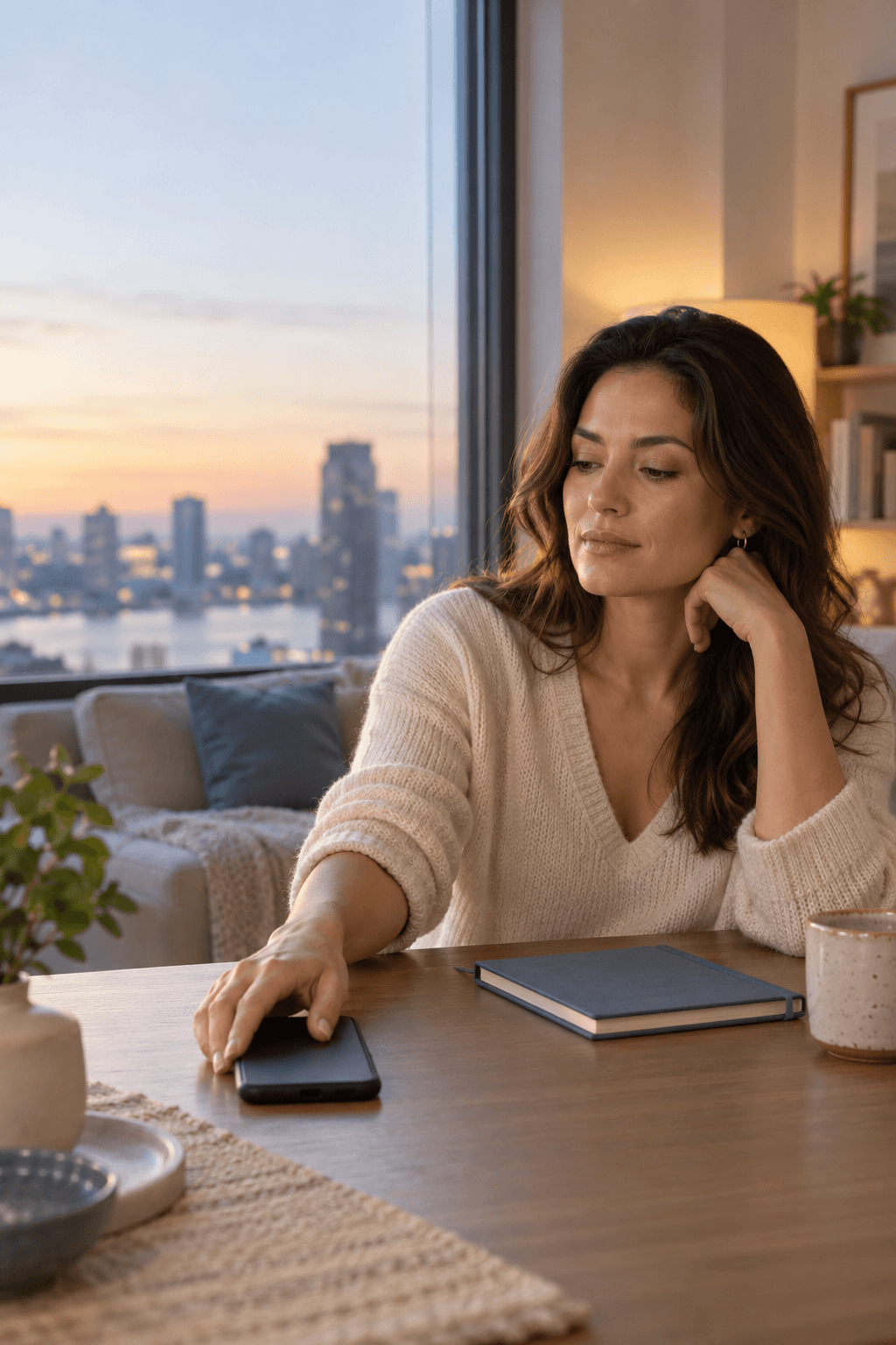A calm woman placing her phone face down while setting a boundary after a breakup