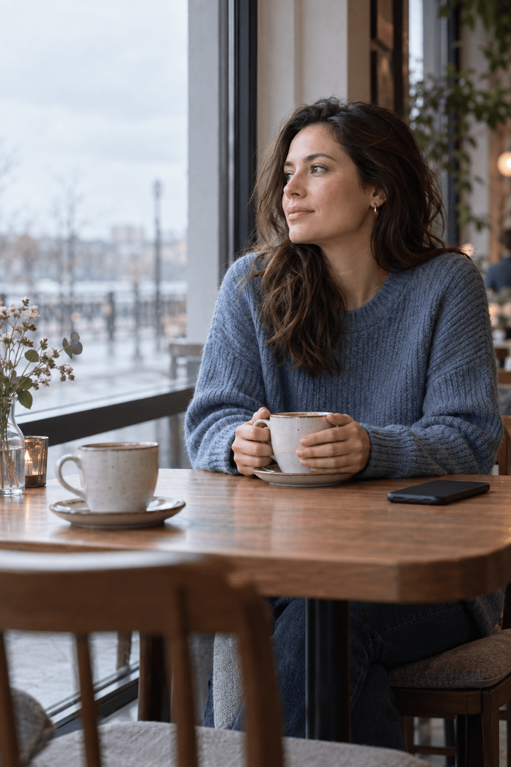 A composed woman sitting with an untouched second coffee while accepting an unanswered breakup conversation