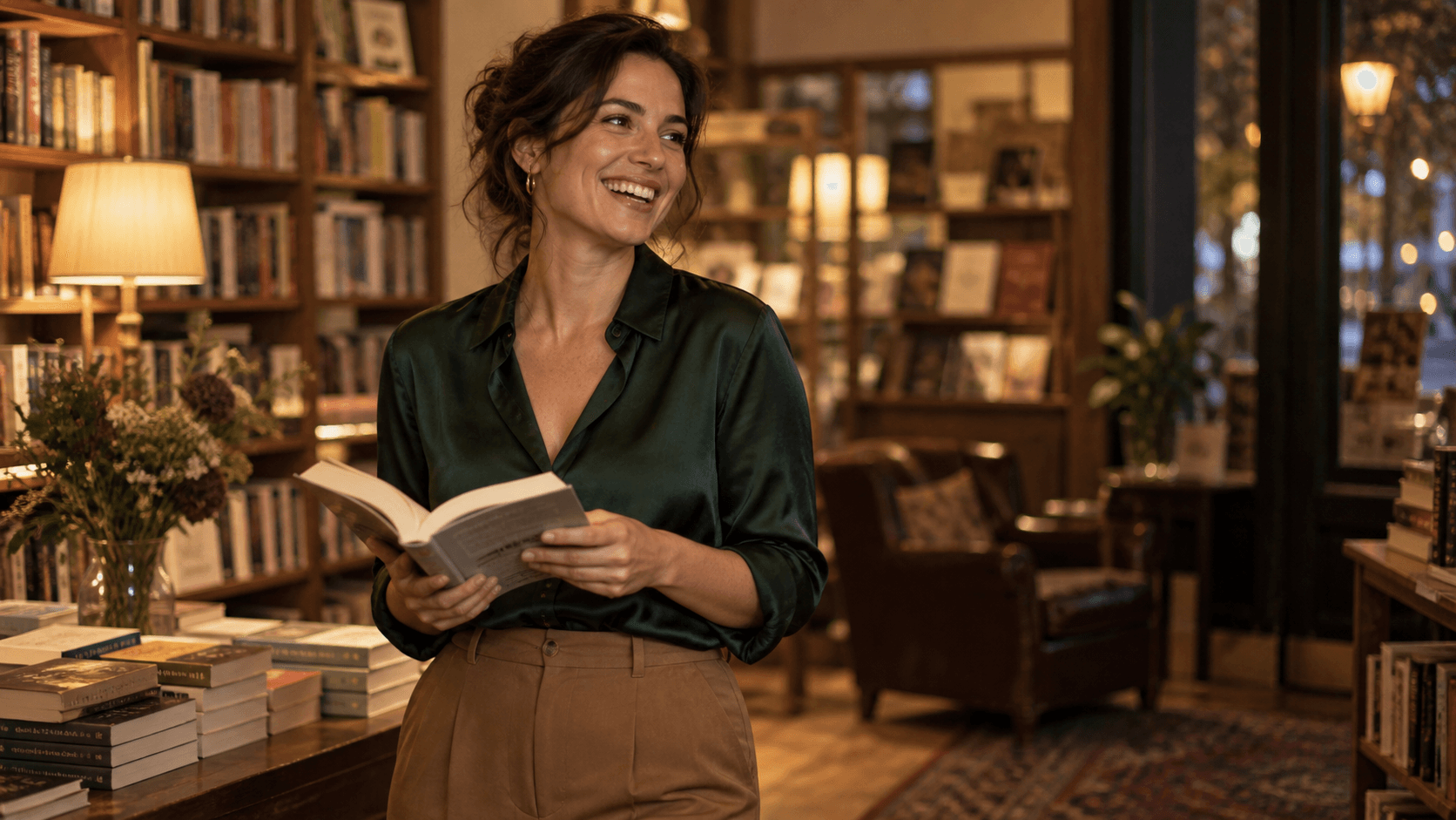 Confident woman laughing with an open book in a warm independent bookstore